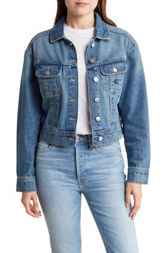 Add the perfect lightweight layer to your look with this timeless denim trucker jacket cut in a modern cropped silhouette. 20" length Front button closure Spread collar Button cuffs Chest button-flap patch pockets 100% cotton Machine wash, tumble dry Imported Model stats: 5'10", 32" bust, 25" waist, 36" hip. Spring Medium Wash Button-up Denim Jacket, Spring Denim Cropped Jacket With Button Closure, Dark Wash Cotton Cropped Jacket For Spring, Cropped Medium Wash Denim Vest For Fall, Spring Cropped Jacket In Dark Wash With Button Closure, Spring Everyday Button-up Denim Jacket, Medium Wash Button-up Denim Cropped Jacket, Medium Wash Cropped Button-up Jacket, Medium Wash Button-up Cropped Jacket