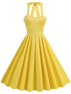 Retro Yellow Party Dress, 1950s Style Yellow Party Dress, Yellow Fitted Dress In 1950s Style, Fitted Yellow Dress In 1950s Style, Yellow Retro Dress For Vintage Fashion, Fitted Yellow Vintage Dress For Summer, Fitted Yellow Vintage Dress For Party, Yellow Fitted Vintage Dress For Parties, Retro Yellow Dress For Vintage Fashion