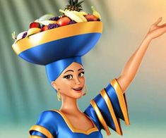 a woman wearing a blue dress and hat with fruit on it's head is holding out her hand