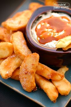 apple fries with caramel cream dip on a blue plate and text overlay that reads, apple fries with caramel cream dip