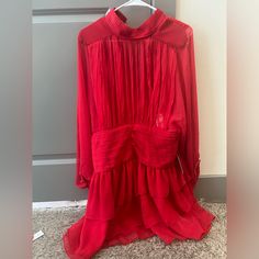 Nwt Express Size 10 Red Dress. Sheer Sleeves. Originally $109. Casual Red Ruffled Midi Dress, Red Pleated Party Dress, Elegant Red Mini Dress For Dress Down, Red Pleated Mini Dress For Evening, Chic Red Pleated Dress, Red Pleated Mini Dress, Red Long Sleeve Mini Dress With Ruffles, Red Long-sleeved Mini Dress With Ruffles, Chic Long Sleeve Red Dress