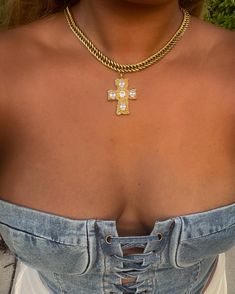 Introducing the “Adorned Cross Necklace” from the exclusive Solstress “Favored” collection. This bold, handcrafted piece features an 18” 18k gold chain that exudes strength and elegance. At its center, a prominent gold statement cross is embedded with vibrant diamond stones, creating a dazzling focal point. Perfect for making a striking impression, the Adorned Cross Necklace combines luxurious craftsmanship with timeless design, making it a standout addition to your jewelry collection. Gold Chain Jewelry With Cross Pendant, Yellow Gold Cross Jewelry With Curb Chain, Luxury Cross Pendant Jewelry With Adjustable Chain, Luxury Cross Jewelry With Adjustable Chain, Gold Cross Pendant Chain Jewelry, Luxury Clavicle Chain Necklace With Cross Pendant, Adjustable Gold Plated Cross Pendant Necklace, Gold Plated Adjustable Chain With Cross Pendant, Adjustable Chain Cross Pendant Necklace