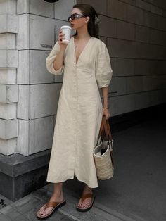 Cotton & Linen Button-Front Knotted Long Dress Party Dresses Night, Linen Design, Womens Trendy Tops, Midi Short Sleeve Dress, Modieuze Outfits, Outfits Verano, Summer Events, Boho Casual, Social Events