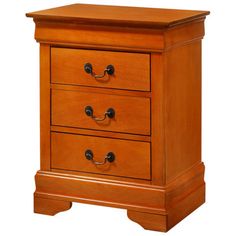 a wooden nightstand with three drawers on it