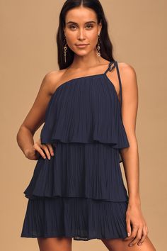 Lulus Exclusive! Flirt with confidence in the Lulus Blowing Kisses Navy Blue Tiered Pleated One-Shoulder Mini Dress! Lightweight, pleated woven fabric forms this cute mini dress with a single tying strap, elasticized one-shoulder neckline, shift-style bodice, and tiers that cascade down to a flirty mid-thigh grazing length. Pair with strappy heels and a night out! Tiered Ruffle Mini Dress, Blowing Kisses, Navy Blue Mini Dress, Dresses Lulus, Cute Mini Dress, Blue Dress Formal, Cutout Maxi Dress, Blue Cocktail Dress, Ruched Bodycon Dress