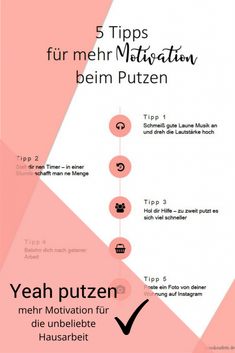 a pink and white poster with the words 5 tips fur mein motivationen beim putzen