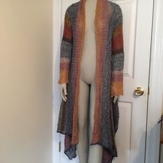 Knitted & Knotted Striped Cardigan Multi Color With Lurex Size Large. No Closure. No Flaws. 41% Acrylic 29% Mohair 28% Polyamide 2% Lurex Long Multicolor Cardigan For Layering, Multicolor Long Cardigan For Layering, Multicolor Sweater For Layering, Long Multicolor Sweater For Fall, Multicolor Long Sweater For Fall, Open Knit Cardigan For Layering, Open Front Knit Sweater For Layering, Fitted Open Knit Cardigan For Layering, Fitted Open Knit Outerwear For Layering