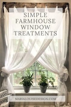 a window with white sheer curtains and potted plants on the windowsill in front of it