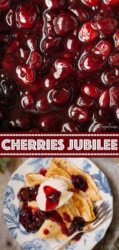 cherries jumble on top of crepes with whipped cream in the middle