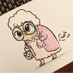 a drawing of an old woman with glasses and a pink coat is shown on top of a piece of paper