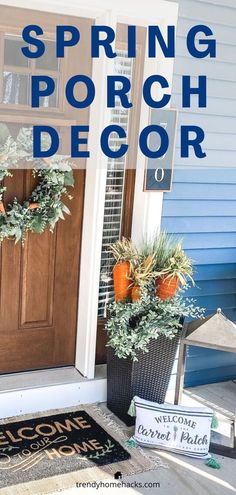 the front door is decorated for spring with wreaths and potted plants on it