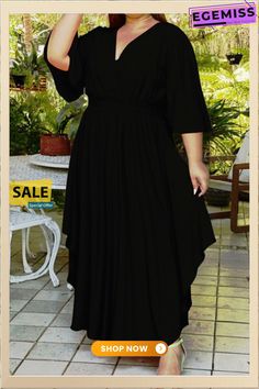 Black Fashion Casual Plus Size Solid Basic V Neck Lantern Sleeve Long Dress Black Flowy A-line Dress, Black Flowy Midi Dress With Asymmetrical Hem, Black Flowy Dress With Asymmetrical Hem, Black Flowy Maxi Dress With Asymmetrical Hem, Sleeve Long Dress, Color Pick, Lantern Sleeve, Lunar New, Lantern Sleeves