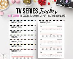 the tv series tracker printable is displayed on top of a table with other items