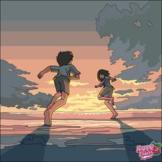 two people are running on the beach at sunset with clouds in the sky behind them