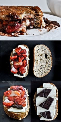 there are pictures of sandwiches with chocolate and strawberries on them, one is cut in half