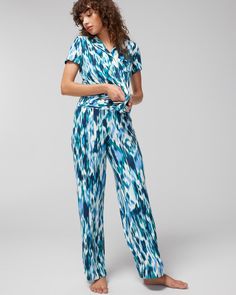 Our favorite Cool Nights material stretches softly and keeps you cool for an easy night of sleep, and these pants don't squeeze or squish, letting your body breathe with their relaxed fit. Details Wide leg 30" inseam Front pockets Wide, paperbag waistband 93% rayon, 7% spandex. | Women's Cool Nights Wide Leg Pajama Pants in Dream Ikat G Green size Medium | Soma, Pajama Sets Wide Leg Pajama Pants, Sleep Clothes, Soma Intimates, Bra Dress, The Vanishing, Pajama Sets, Shapewear, Women Lingerie, Wide Leg Pants