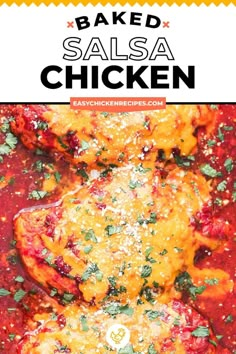 baked salsa chicken in a red sauce with parsley on top