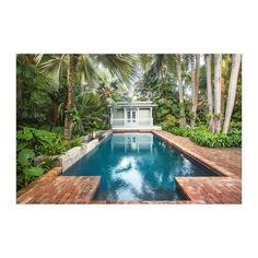 an outdoor swimming pool surrounded by palm trees and other greenery, with a gazebo in the background