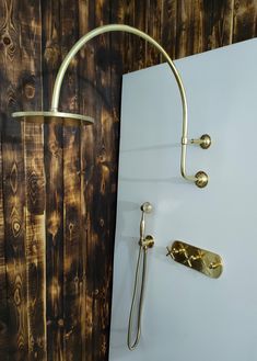 a shower head and hand rail in a bathroom with wood wall behind it, along with wooden planks