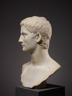 a white marble bust of a man with curly hair