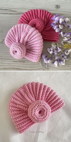 crocheted hats are shown with flowers on the side and in the middle, one is