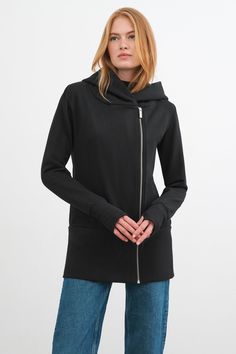 Stay cozy in our Varick Sweatshirt Jacket — the consummate effortless essential. Crafted from breathable, midweight European French Terry, she boasts a layered silhouette with two zips for a variety of styling options. With a relaxed fit and thumbholes, she's your answer to a year-round comfy and sleek athleisure staple piece.[SPLIT] Emmy is 5'10.5" (179 cm), wearing size XS. Total length is approximately 30" (76.5 cm). Midweight European French Terry (96% Cotton, 4% Elastane). Unlined. Machine Sweatshirt Fabric, Black Zip Ups, The A Team, Stay Cozy, Staple Pieces, Jacket Outfits, French Terry, Athleisure, Winter Outfits