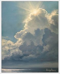 an oil painting of the sun shining through clouds over the ocean on a sunny day