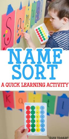 a young boy is holding up some sort of letter sorting activity for his name sort