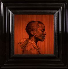 a painting of a man in a black frame with an orange wall behind it and a red background