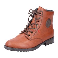 Rieker Cinnamon Chestnut Women's Boots, Brown Rieker Cinnamon Chestnut in Brown Rieker Cinnamon Chestnut Women's Boots Rock it with these caramel brown high-shaft boots that receive a style upgrade with the black sole. The clever combination of lacing and zipper allows for easy on and off. A thin lacing adds that extra touch to the shoe. The lightweight and durable profile sole with a small heel impresses all around, and the insole is super soft. Pure comfort luxury!   Color: Brown  Heel Height: 2 cm  Heel Type: Block heel  Shoe Width: Normal (G)  Removable Insole: No  Sole Color: Black  Closure: Zipper & Lacing  Shaft Height: Ankle  Season: Autumn/Winter   Material & Care  Upper Material: Synthetic  Lining: Felt  Insole: Felt  Sole: Ethylene-Vinylacetate (EVA)  Shoe Lining: Warm lined  Ca Shoe Brushes, Soft Shoes, Block Heel Shoes, Caramel Brown, Style Upgrade, Brown Heels, Brown Ankle Boots, Boots Brown, Timberland Boots