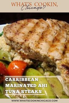 an image of Caribbean-marinated Ahi Tuna Steak with veggies on the side. Mahi Tuna Steak Recipe, Marinated Ahi Tuna, Seafoods Recipe, Albacore Tuna Recipes Steaks, Seared Pepper Ahi Tuna, Wild Caught Tuna Steak Recipes, Grilled Ahi Tuna Steak Recipe Soy Sauce, Ahi Tuna Steaks, Ahi Tuna Steak