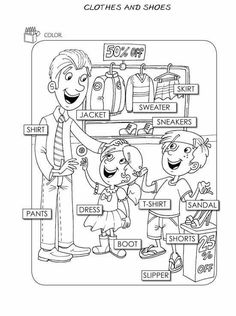 a coloring page for children's clothing and shoes with the words, clothes and shoes