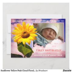 a birth announcement card with a sunflower and a baby's photo on it