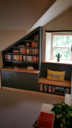 a room that has some books on the shelves