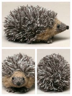 three pictures of a stuffed hedgehog with four different angles to show it's fur