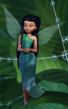 a cartoon fairy is standing in front of some leaves and bubbles with her eyes closed