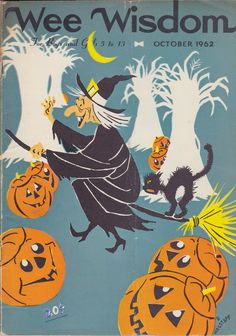 an advertisement for wee wisdom featuring witches and pumpkins