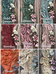 the different colors of scarfs are shown in this image, and each one has flowers on