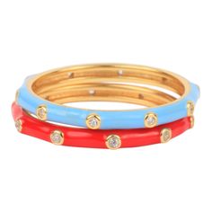 I'm sexy, I'm cute, I'm popular to boot." Embrace your inner cheerleader and show your colors with pride with our stack of two enamel rings. Our enamel stack ring features 10 zircon stones set in sterling silver plated with 18k yellow gold. 2mm wide. Blue Stackable Enamel Ring, Adjustable Stackable Enamel Ring, Enamel Rings, College Colors, Stack Ring, Stacking Ring Set, Enamel Ring, Blue White And Black, Bring It