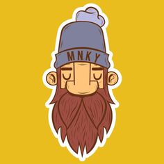 a man with a beard and a hat on his head is wearing a sticker