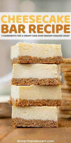 four cheesecake bars stacked on top of each other with the title text overlay