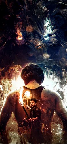 a movie poster with a man in front of a demon and an evil looking creature