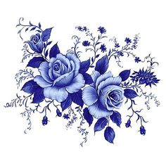 some blue flowers and leaves on a white background