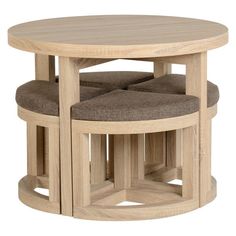 a wooden table with two stools underneath it