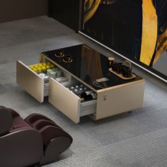 a modern coffee table with two drawers on the bottom and one drawer open in front