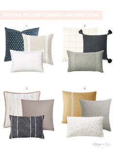 pillows with different colors and patterns on them, including black, white, grey, yellow and