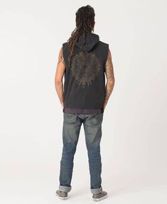 Vest, Mens Hood Vest, Black Vest, Hooded Vest Jacket With Mandala, Sacred Geometry, Mens Vest, Burni Black Cotton Festival Vest, Sleeveless Cotton Outerwear For Festivals, Black Cotton Outerwear For Festivals, Black Cotton Festival Outerwear, Black Bohemian Hoodie, Bohemian Cotton Outerwear For Streetwear, Mandala Sacred Geometry, Burning Man Festival, Big Shirt