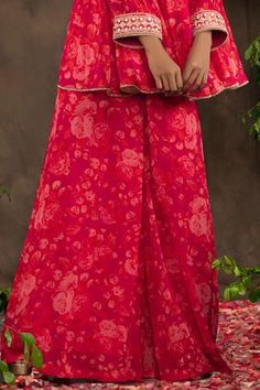 Shop for Adi By Aditya Khandelwl Red Georgette Floral Print Tunic And Palazzo Set for Women Online at Aza Fashions Red Georgette Sharara With Printed Motifs, Designer Red Floral Print Sharara, Red Georgette Kurta With Printed Motifs, Red Printed Wedding Sets, Red Floral Print Palazzo Set With Straight Kurta, Red Floral Print Straight Kurta Set, Festive Red Floral Print Palazzo Set, Dori Work, Short Tunic