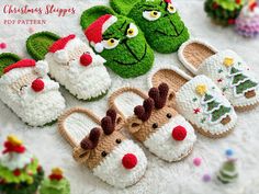 crocheted christmas slippers with santa claus and reindeer faces