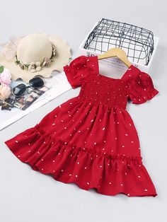 Red Boho  Short Sleeve Polyester Graphic A Line Embellished Slight Stretch Summer Toddler Girls Clothing Cheap Dresses Casual, Girls Sundress, Shirred Dress, Frocks For Girls, Shein Dress, Frock Design, Basic Dress, Toddler Girl Dresses, Toddler Girl Outfits